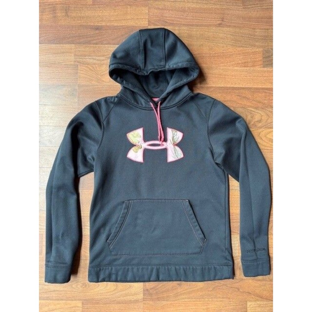 Under Armour Storm‎ Hoodie Womens MED Black Pink Camo Logo Semi Fitted ColdGear